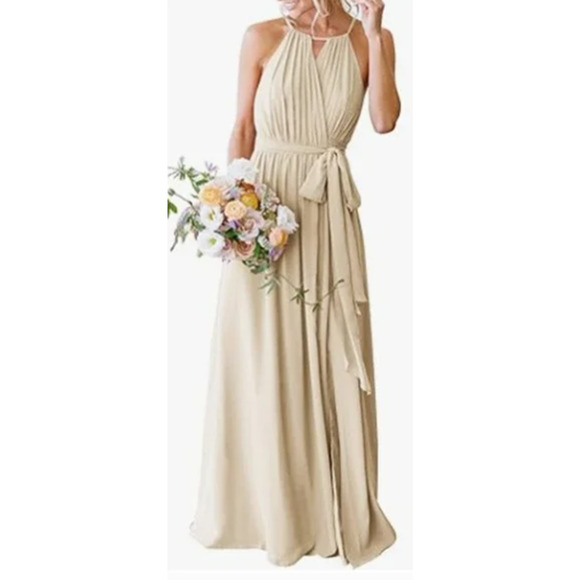 BRIDESMAID DRESS SZ 8 M tan pleated halter belted formal maxi dress new B58 - Picture 1 of 9